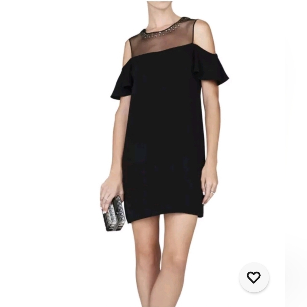 BCBG MaxAzria CANDACE Black Studded Peek-A-Boo Shoulder Short Dress Sz 2